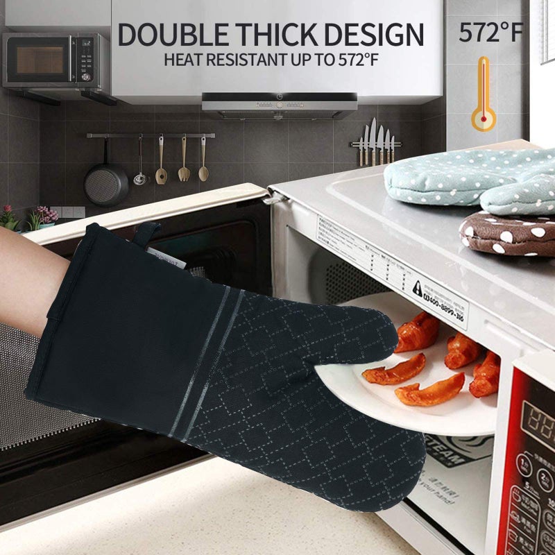 Tormays 4Pcs Oven Mitts and Pot Holders Set, 572F Heat Resistant Oven Glove, Soft Cotton Lining with Non-Slip Surface for Kitchen Baking BBQ (Black) - Image 3